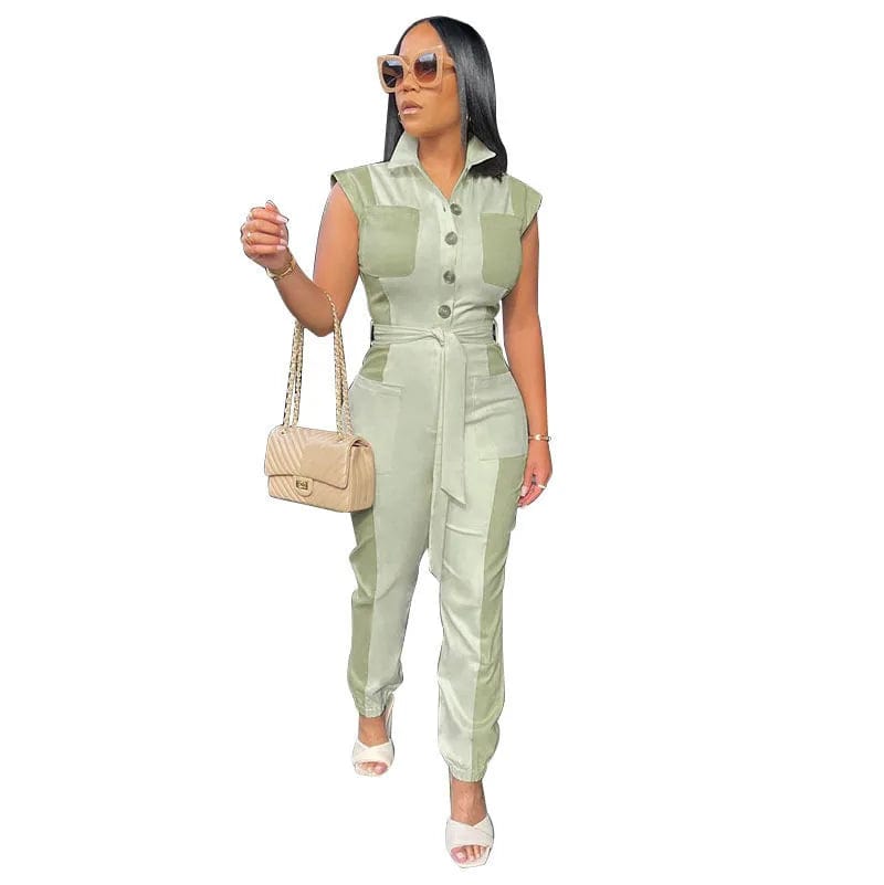 D0302DX35 High Quality Wholesale Solid Color Sleeveless Belt Women Jumpsuit Sehe Fashion