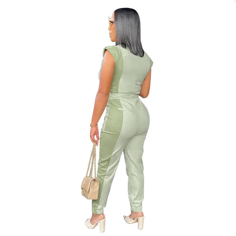 D0302DX35 High Quality Wholesale Solid Color Sleeveless Belt Women Jumpsuit Sehe Fashion