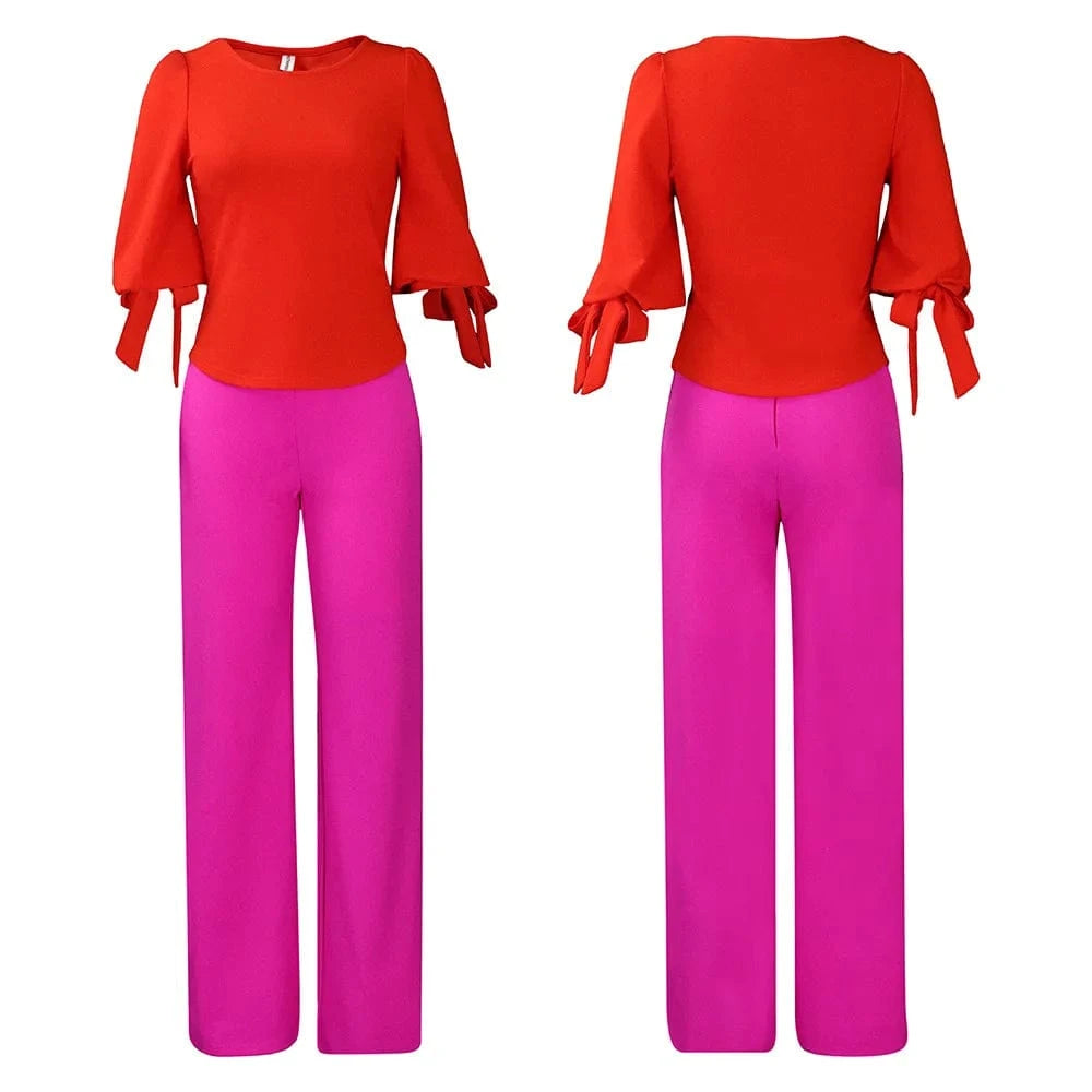 D0408ME12 Wholesale Going Out Solid Color Lantern Sleeve Elegant Long Pant Sets Sehe Fashion