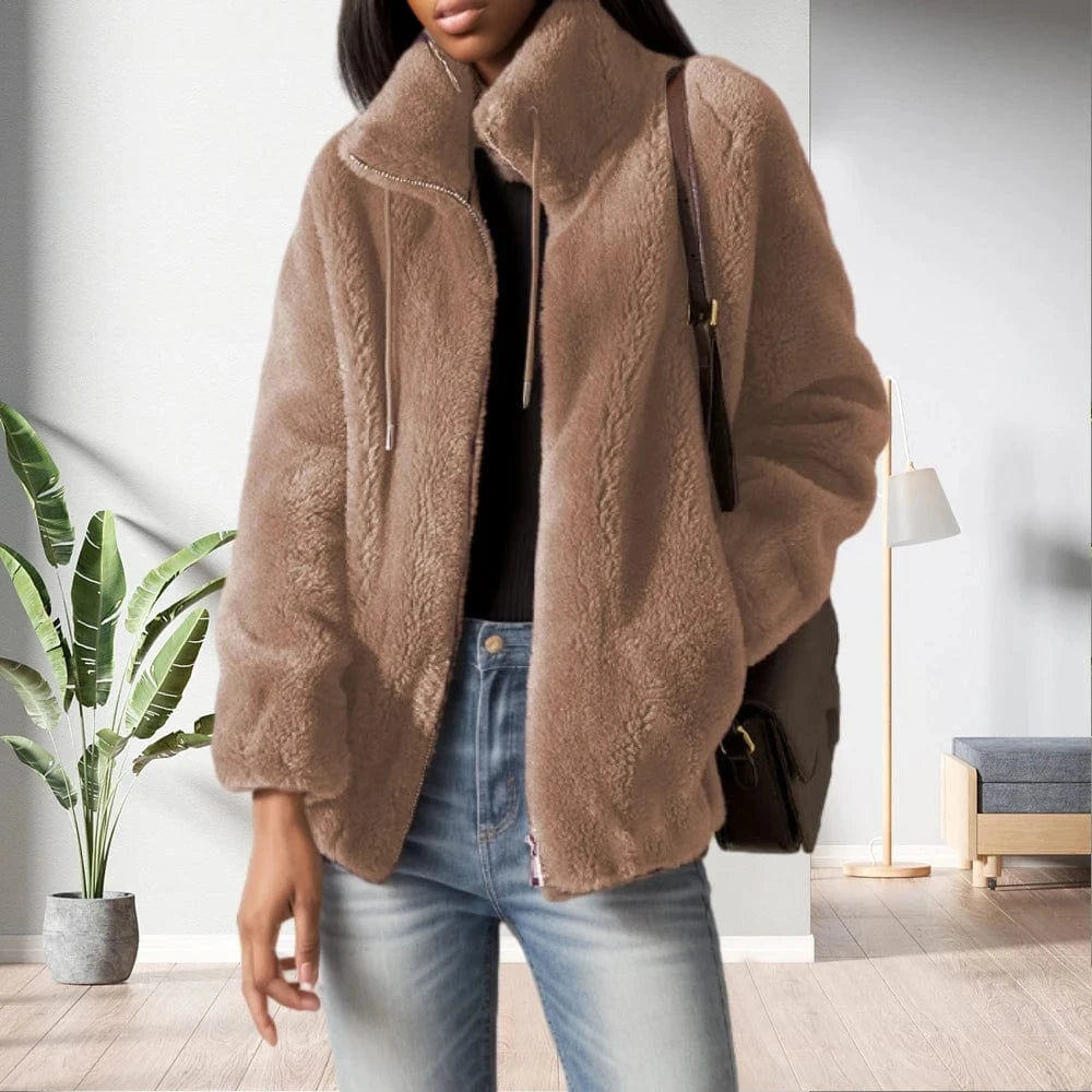 D1201ME53 Autumn Winter Coat Fleece Shaggy Warm Cropped Plus Size Fur Coat Overcoat Zipper Outwear Sehefashion