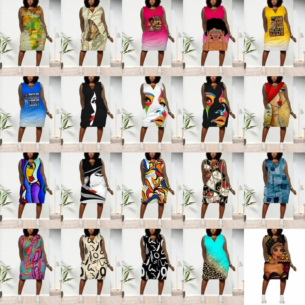 D1202ME06 Best Selling Plus Size Casual Ethic Print Sleeveless Midi Women's Dresses Sehe Fashion