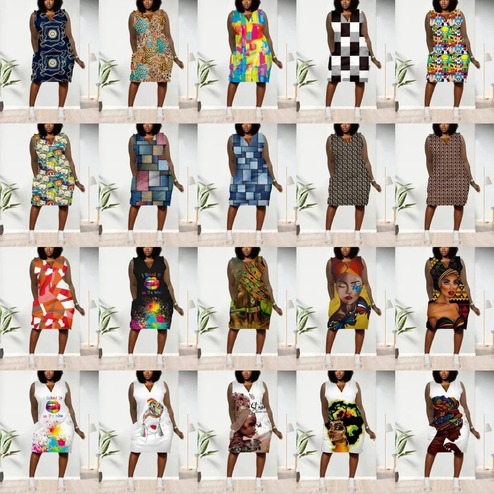 D1202ME06 Best Selling Plus Size Casual Ethic Print Sleeveless Midi Women's Dresses Sehe Fashion