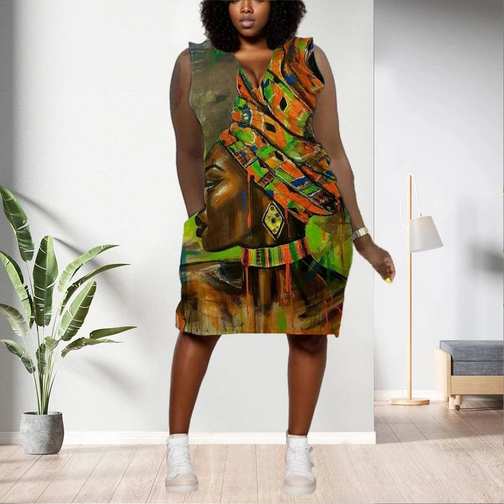 D1202ME06 Best Selling Plus Size Casual Ethic Print Sleeveless Midi Women's Dresses Sehe Fashion