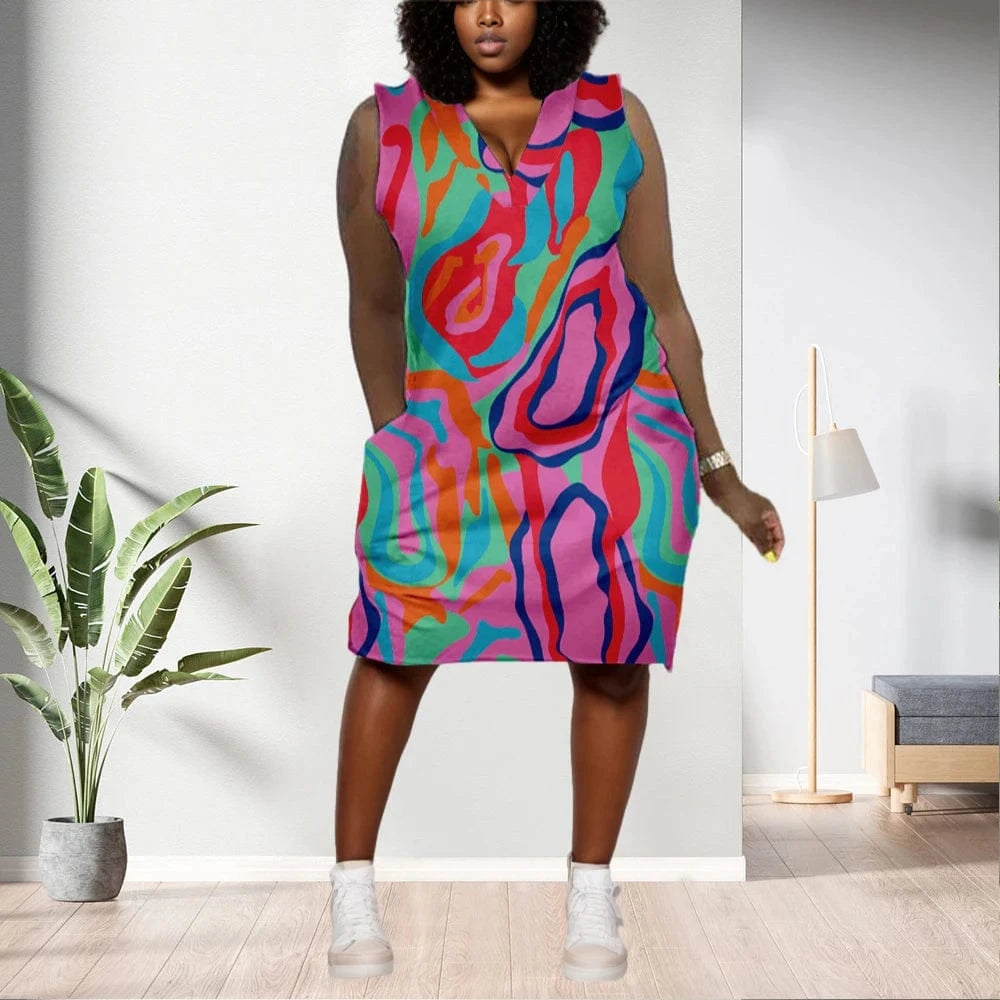 D1202ME06 Best Selling Plus Size Casual Ethic Print Sleeveless Midi Women's Dresses Sehe Fashion