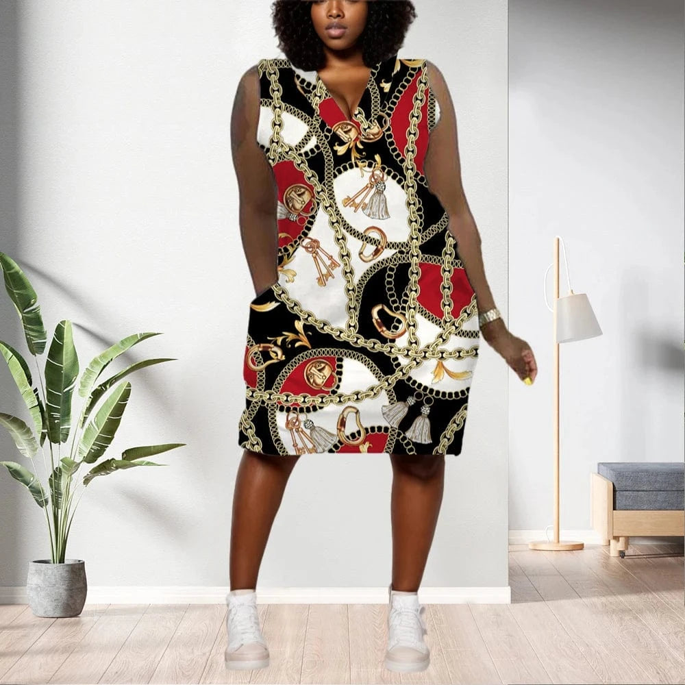 D1202ME06 Best Selling Plus Size Casual Ethic Print Sleeveless Midi Women's Dresses Sehe Fashion
