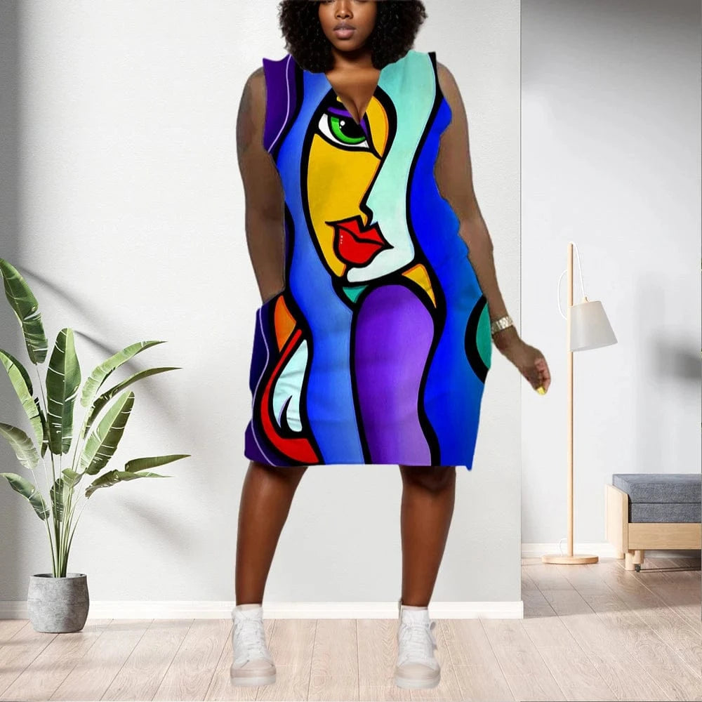 D1202ME06 Best Selling Plus Size Casual Ethic Print Sleeveless Midi Women's Dresses Sehe Fashion