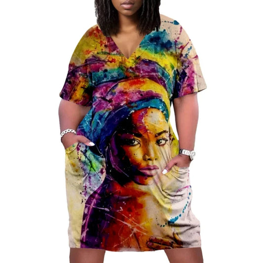 D1202ME08 Direct Sales Plus Size V-neck Short Sleeve Floral Print Midi Women Dress Sehe Fashion