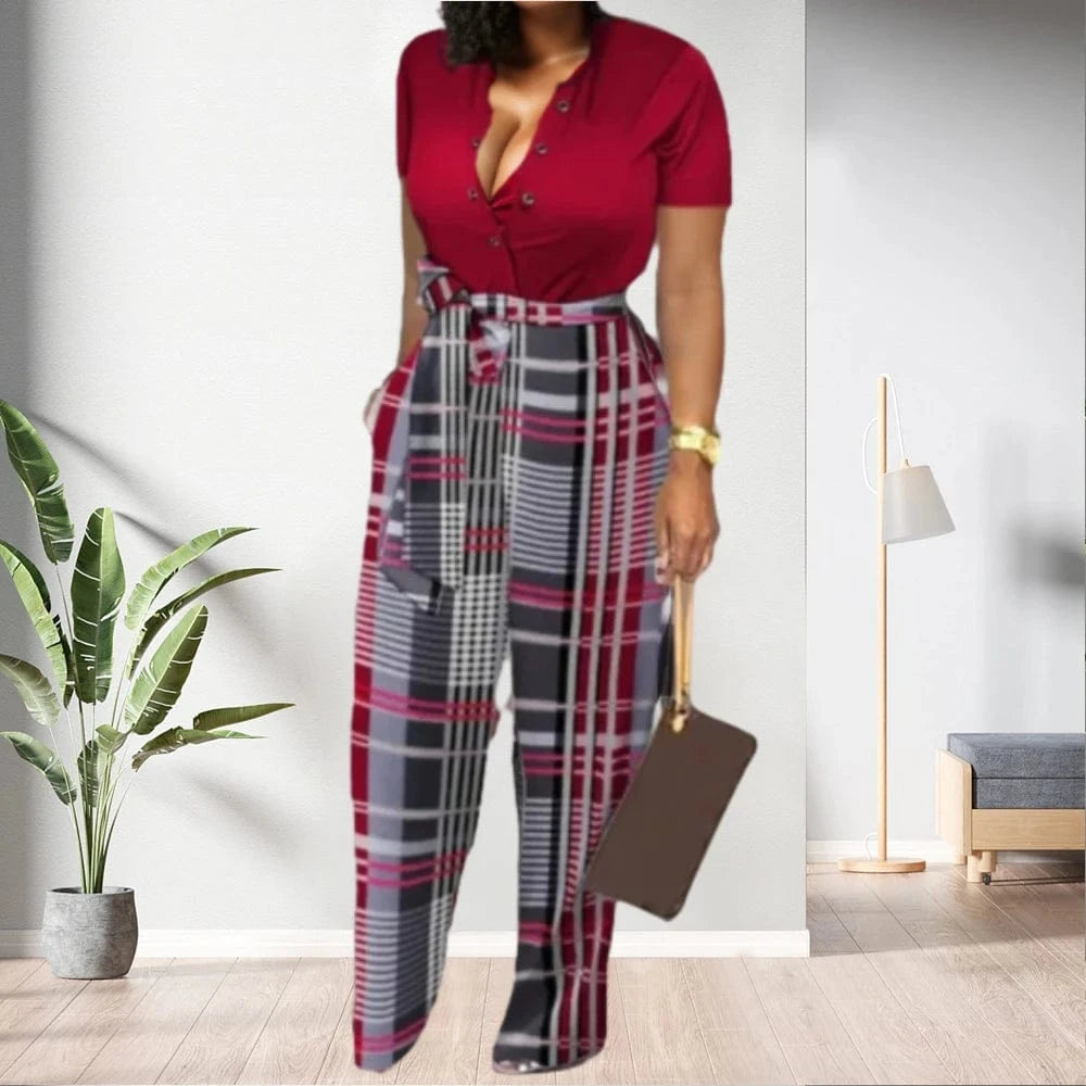 D1202ST29 On Sale Short Sleeve With Belt Plaid Elegant One Piece Jumpsuit For Women Sehe Fashion