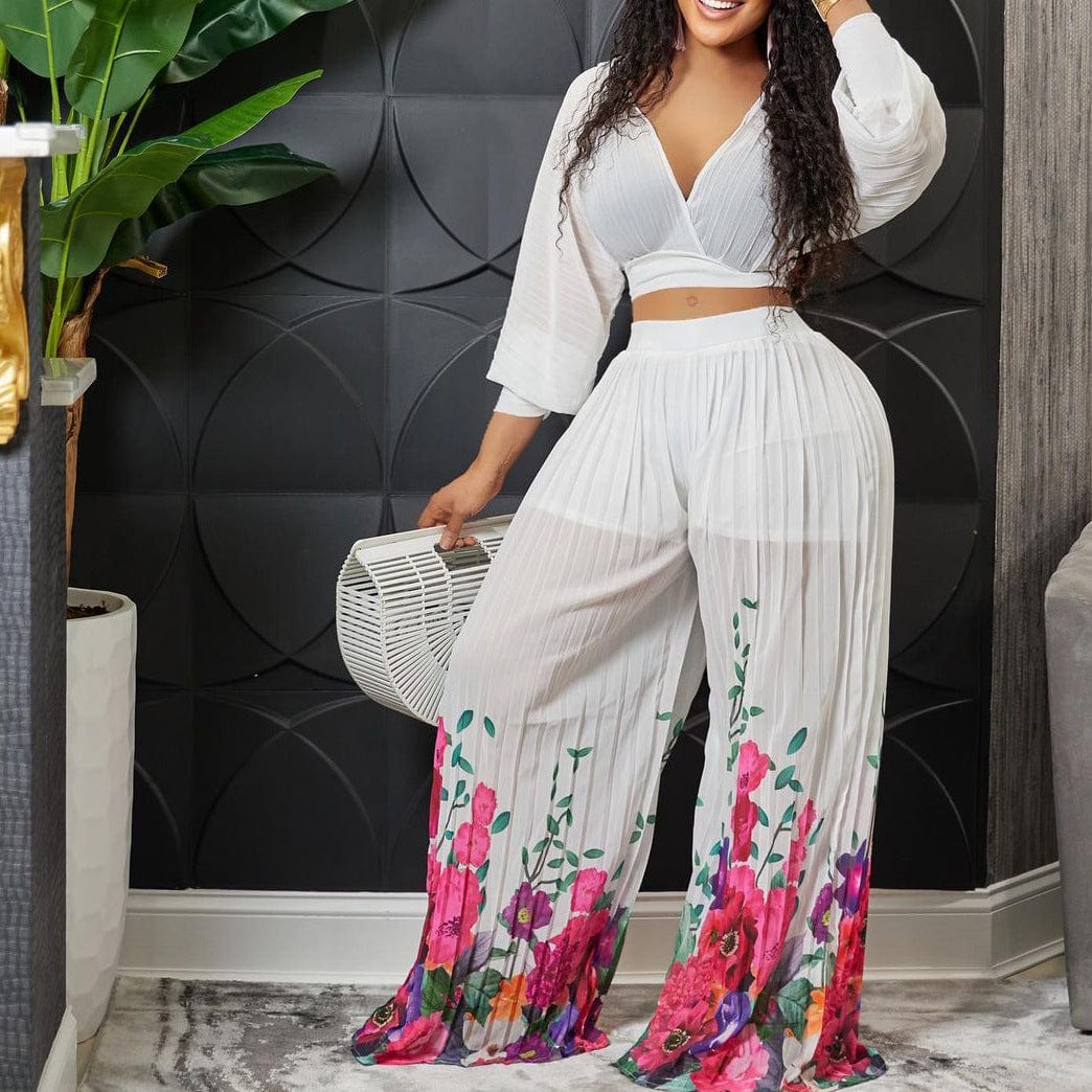 D273 2023 New Arrivals Floral Printed Pleated Pants Set Women Sexy V Neck Blouse And Wide Leg Pants Vacation Outfits