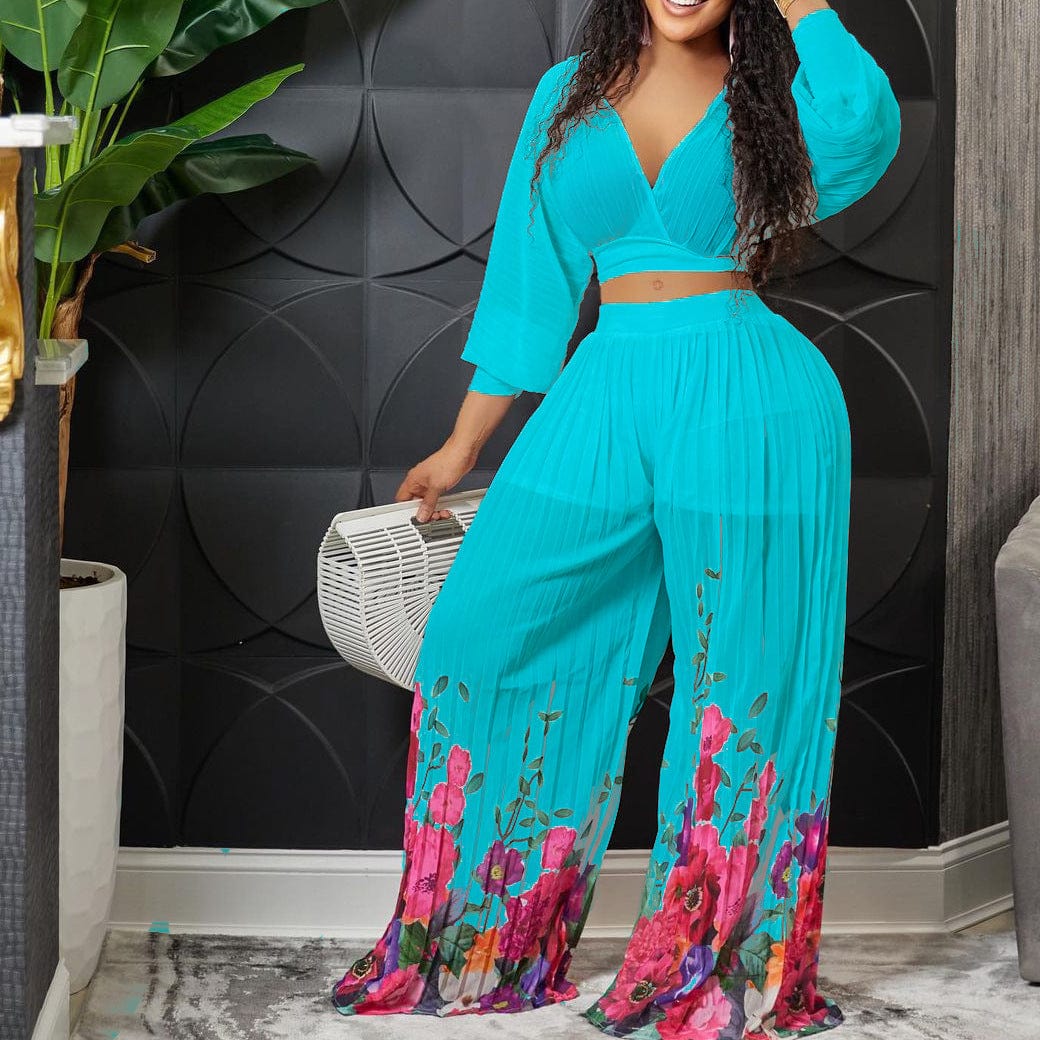 D273 2023 New Arrivals Floral Printed Pleated Pants Set Women Sexy V Neck Blouse And Wide Leg Pants Vacation Outfits