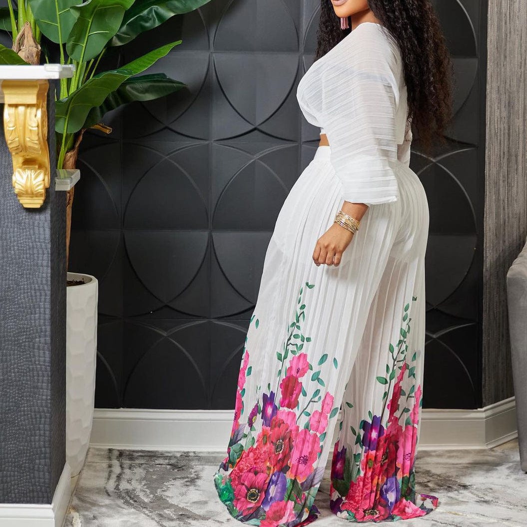 D273 2023 New Arrivals Floral Printed Pleated Pants Set Women Sexy V Neck Blouse And Wide Leg Pants Vacation Outfits