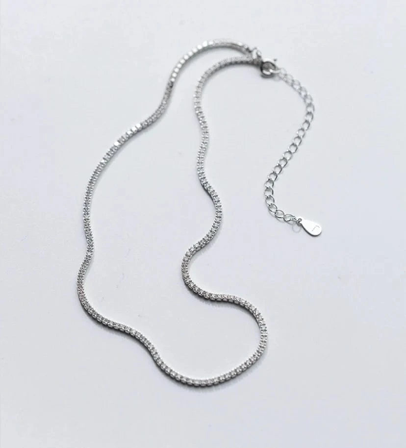 D3397 White 31+6CM Fashion New Fashion Korean Jewelry 925 Sterling Silver Charms Diamond Crystal Necklace 2MM Tennis Choker Necklace for Women