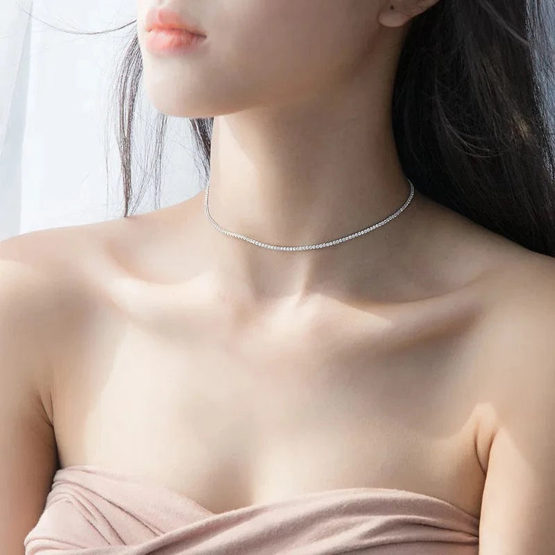 D3397 White 31+6CM Fashion New Fashion Korean Jewelry 925 Sterling Silver Charms Diamond Crystal Necklace 2MM Tennis Choker Necklace for Women