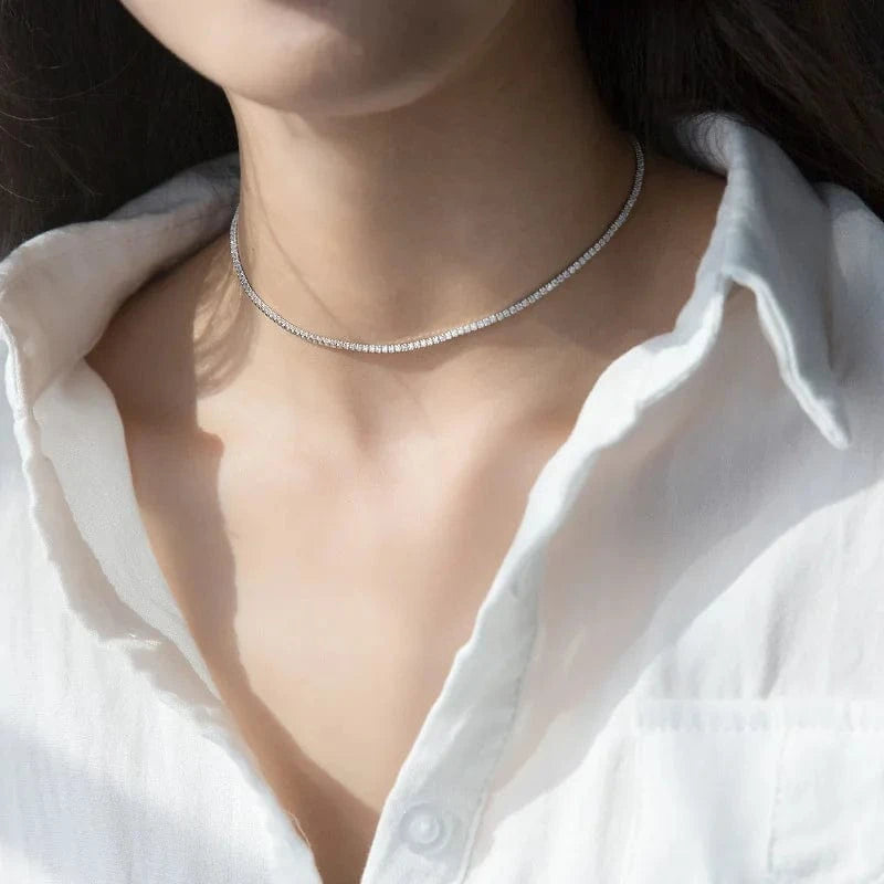 D3397 White 31+6CM Fashion New Fashion Korean Jewelry 925 Sterling Silver Charms Diamond Crystal Necklace 2MM Tennis Choker Necklace for Women
