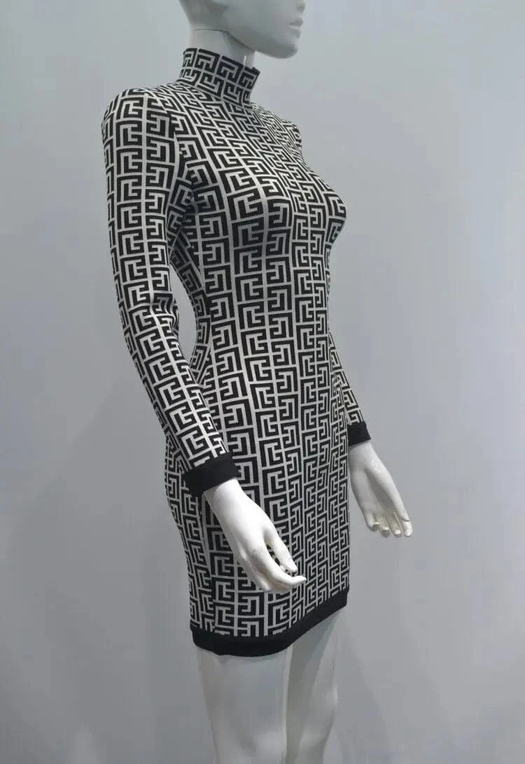 D8781 Bandage dress elegant long-sleeved Jacquard cocktail dress for women None with belt