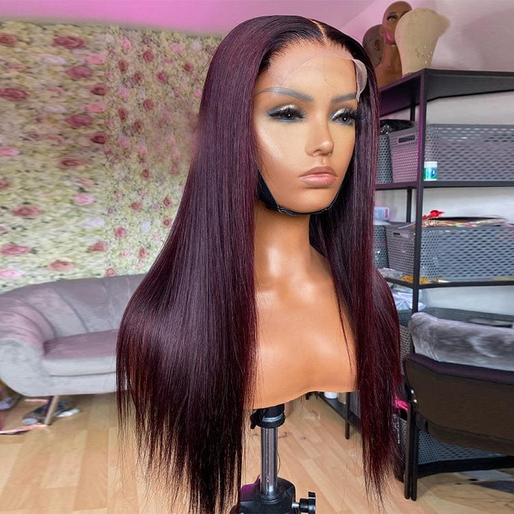 Dark 99j Color Straight hair 100% Virgin Human Hair 4*4 lace closure wigs with Natural Hairline