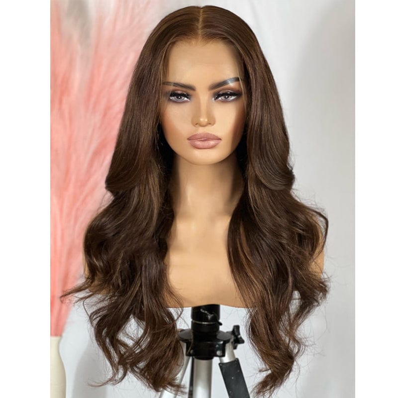 Dark Golden Brown Body Wave Lace Frontal Human Hair Wig for Women Peruvian Remy with Baby Hair Glueless13X4 Lace Front Wig