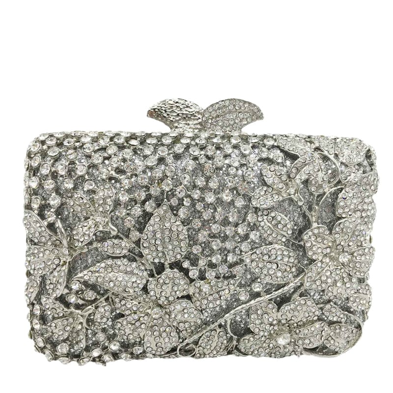 Dazzling Women Silver Flower Hollow Out Crystal Evening Metal Clutches Small Minaudiere Handbag Purse Wedding Box Clutch Bag