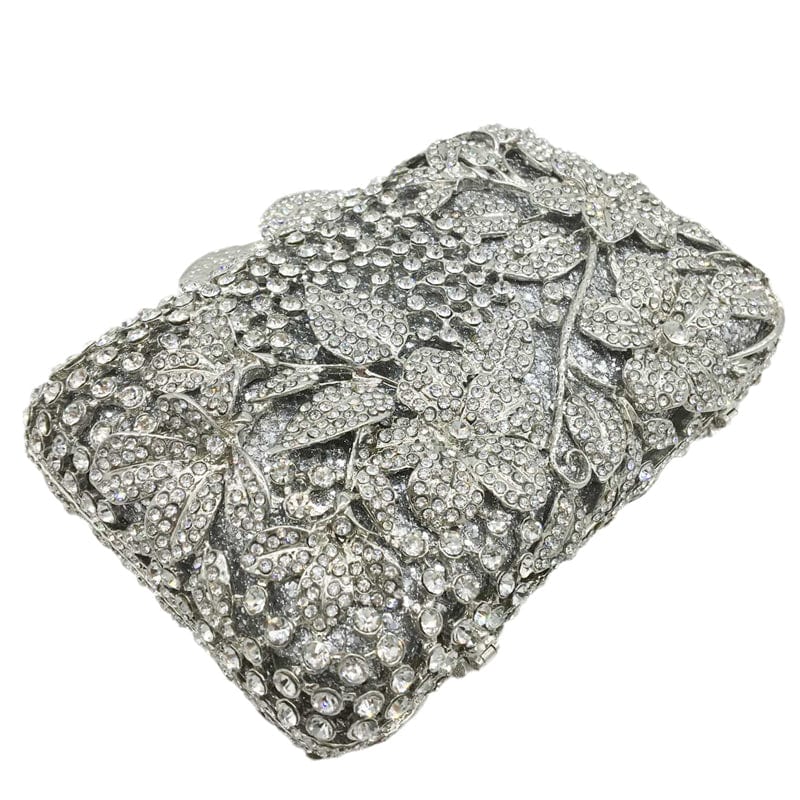 Dazzling Women Silver Flower Hollow Out Crystal Evening Metal Clutches Small Minaudiere Handbag Purse Wedding Box Clutch Bag