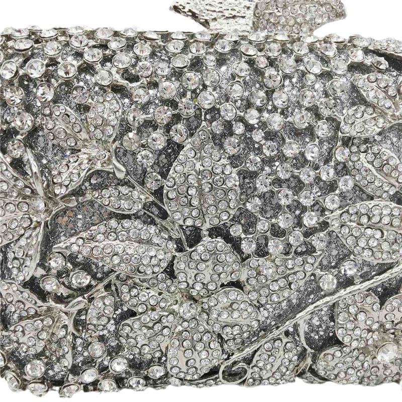 Dazzling Women Silver Flower Hollow Out Crystal Evening Metal Clutches Small Minaudiere Handbag Purse Wedding Box Clutch Bag