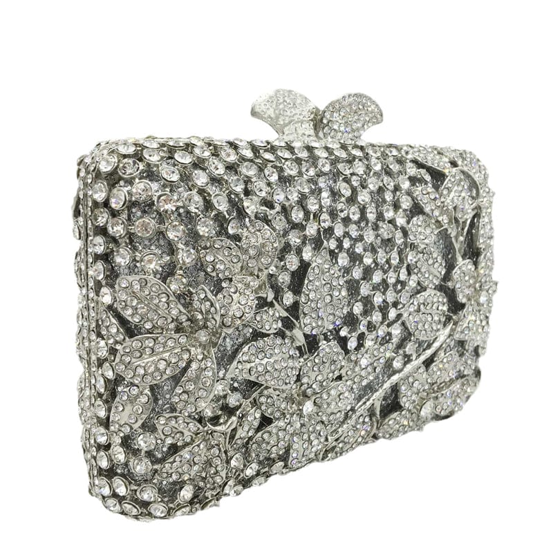 Dazzling Women Silver Flower Hollow Out Crystal Evening Metal Clutches Small Minaudiere Handbag Purse Wedding Box Clutch Bag