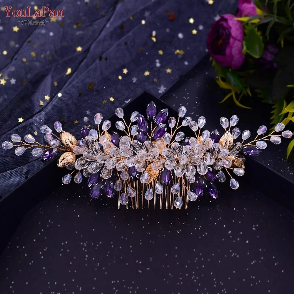 Deep Purple YouLaPan HP317 Hot Selling Bridal Hair Accessories Wholesale Bridal Women's Crystal Rhinestone Pink Purple Hair Comb