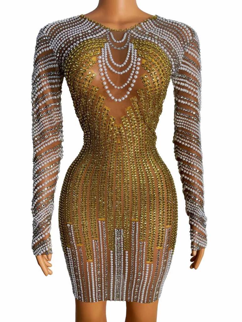 Deluxe Design Golden Rhinestone Stripe Club Party Dress Pearl Appliqued Mesh See Through Sexy Long Sleeve Women Dress Elegant