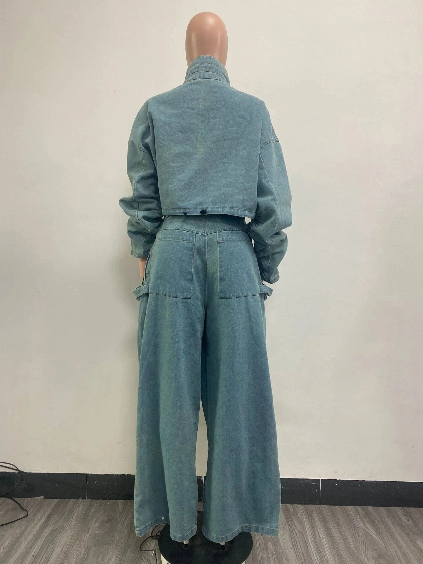 Denim Cargo 2 Piece Set Women Stand Collar Long Sleeve Zip Jeans Jackets Crop Top Pockets High Waist Wide Leg Pants Suits