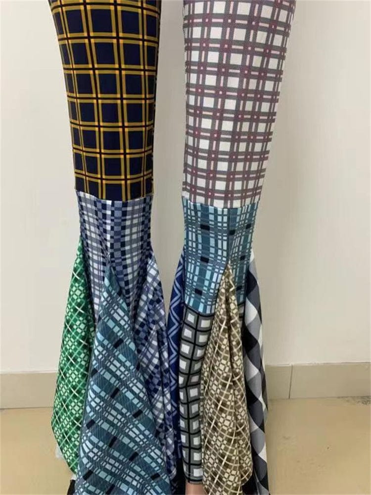 Denim Pants For Women 2023 Patchwork Low Waist Flares Pants Casual Fashion Plaid Print Baggy Pants