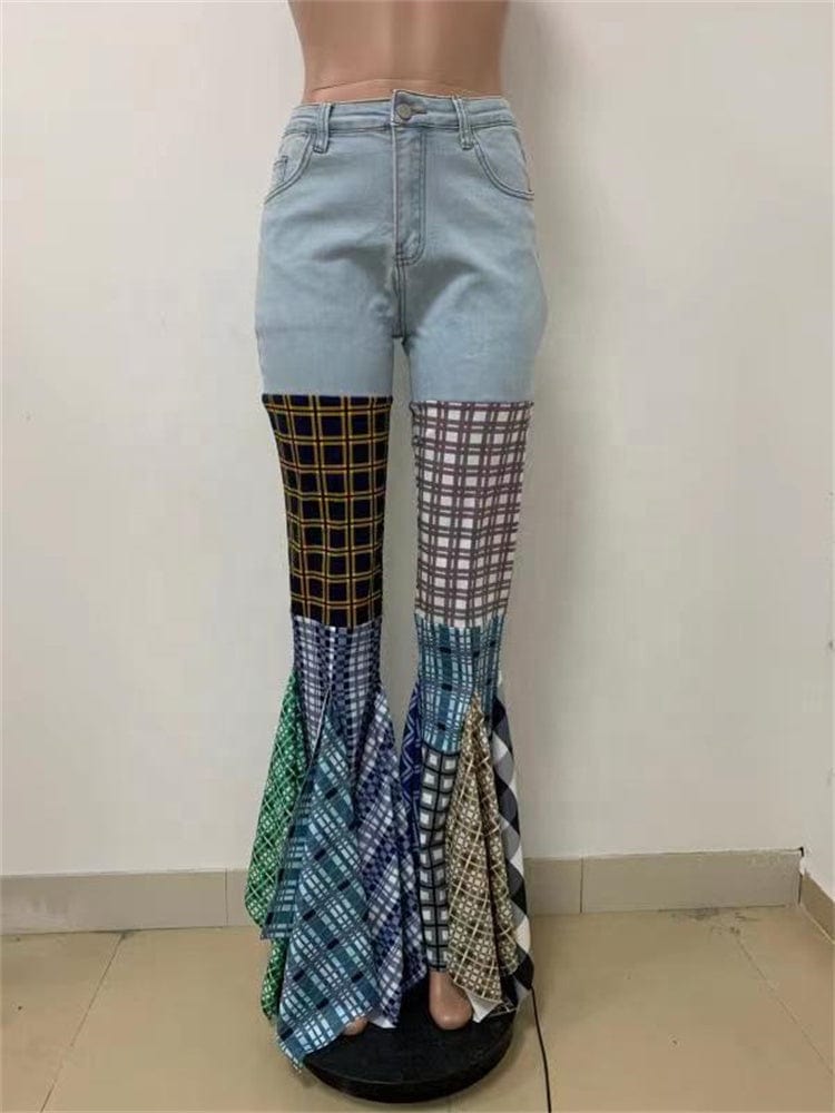 Denim Pants For Women 2023 Patchwork Low Waist Flares Pants Casual Fashion Plaid Print Baggy Pants