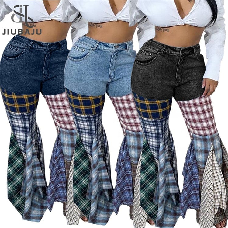 Denim Pants For Women 2023 Patchwork Low Waist Flares Pants Casual Fashion Plaid Print Baggy Pants