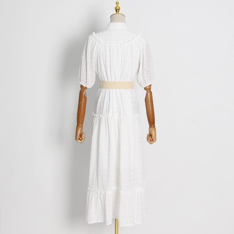 Design Sense Holiday Temperament Elegant Style Long Skirt 2022 Autumn New Lapel Short-sleeved Single-breasted Hollow Dress