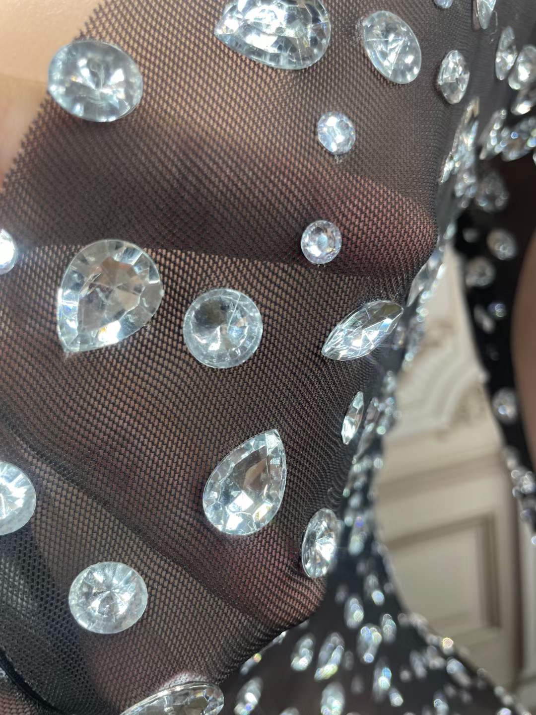 Designer Sparkly Crystal Rhinestone Long Sleeve Bodycon High Slit Long Maxi Dress Sheer Rhinestone Mesh Party Club Maxi Dress