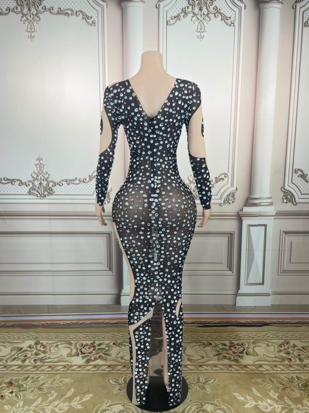 Designer Sparkly Crystal Rhinestone Long Sleeve Bodycon High Slit Long Maxi Dress Sheer Rhinestone Mesh Party Club Maxi Dress