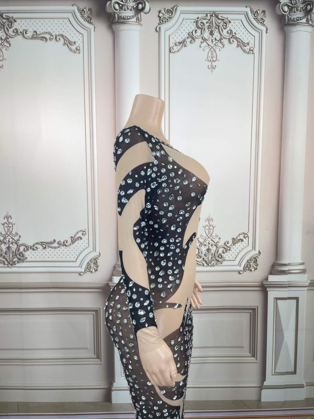 Designer Sparkly Crystal Rhinestone Long Sleeve Bodycon High Slit Long Maxi Dress Sheer Rhinestone Mesh Party Club Maxi Dress