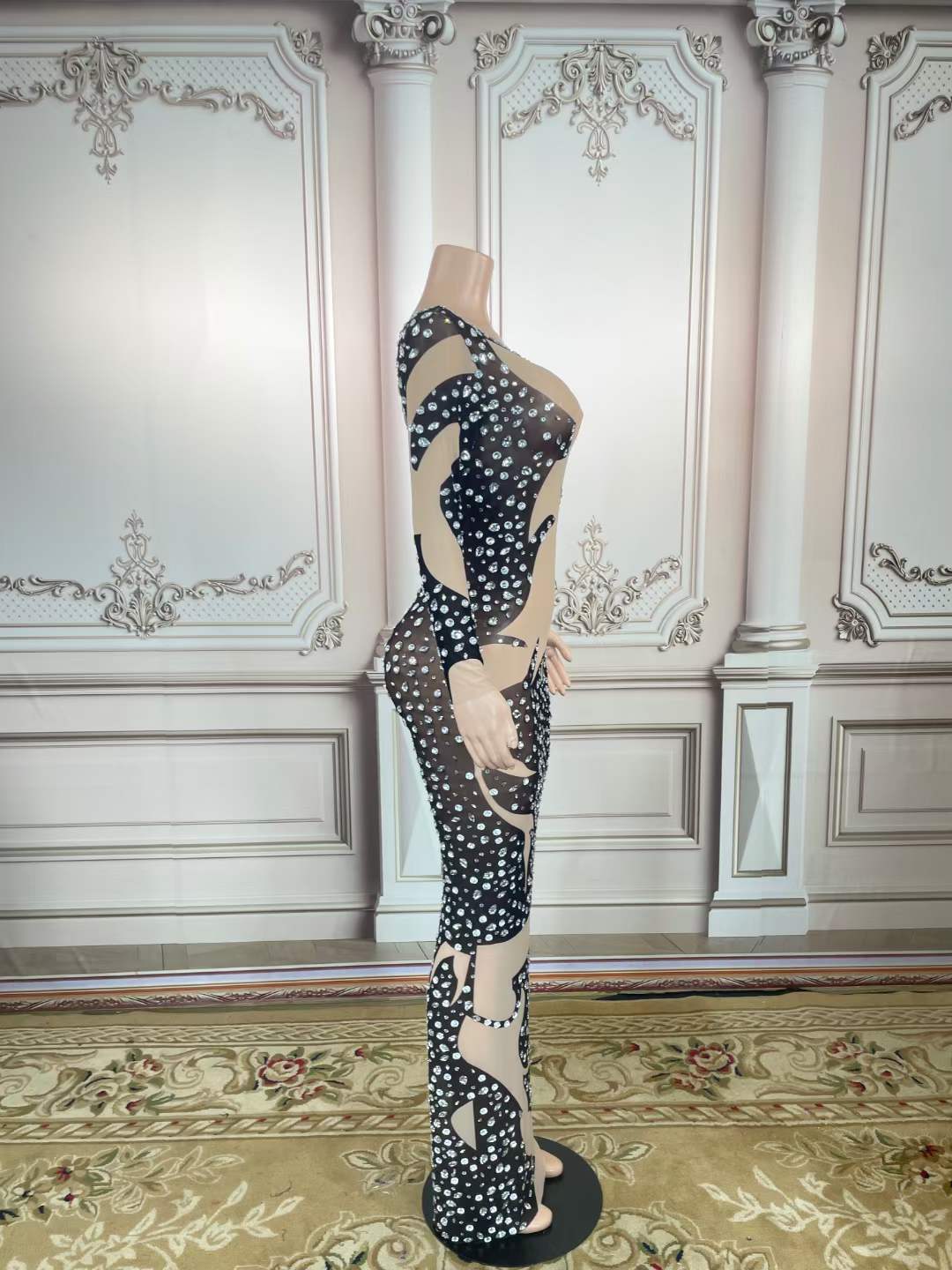 Designer Sparkly Crystal Rhinestone Long Sleeve Bodycon High Slit Long Maxi Dress Sheer Rhinestone Mesh Party Club Maxi Dress