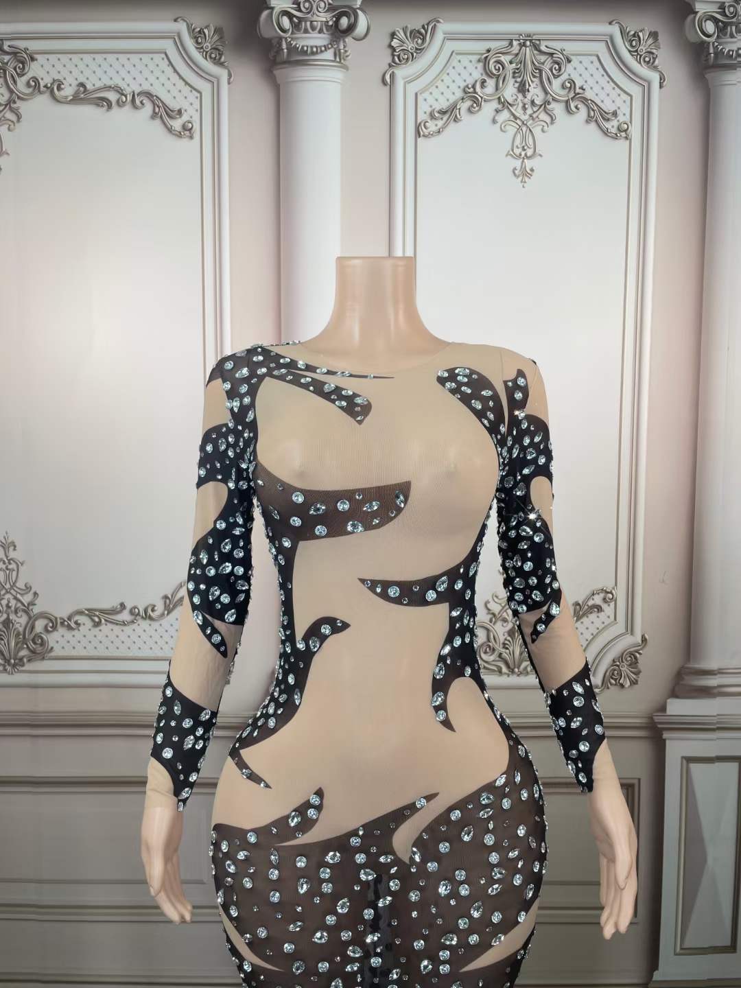 Designer Sparkly Crystal Rhinestone Long Sleeve Bodycon High Slit Long Maxi Dress Sheer Rhinestone Mesh Party Club Maxi Dress