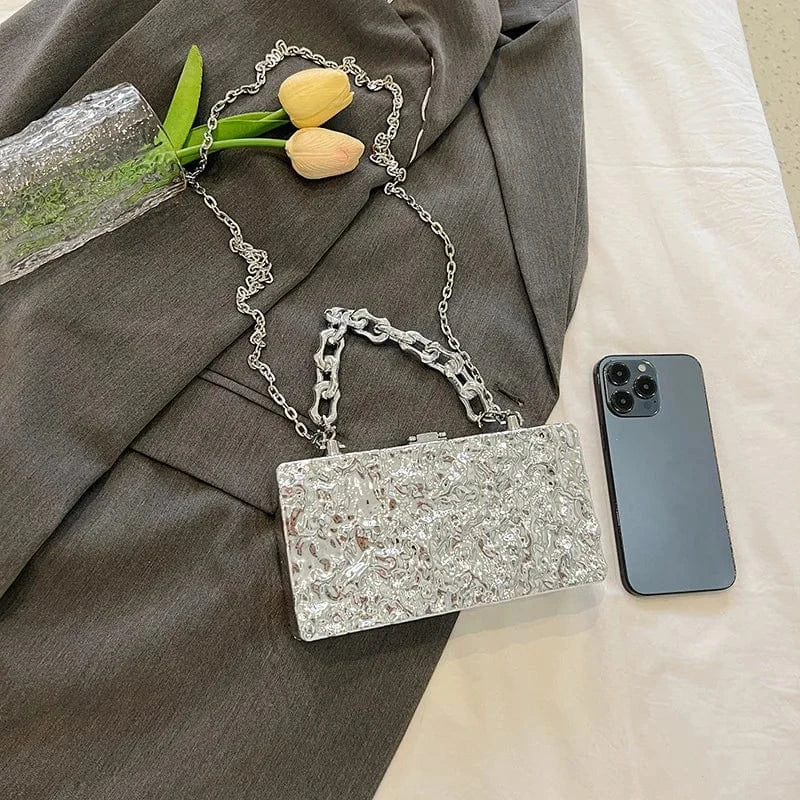 Designer Tin Foil Print Shoulder Bags Luxury Dinner Party Clutch Crossbody Bag Striped Gold Silver Acrylic Box Bag For Women