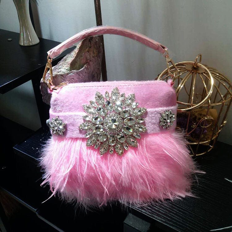 Designer Wedding Party Handbag Rhinestone Feather Evening Tote Bag Ladies Luxury Ostrich Fur Women Purse and Handbag