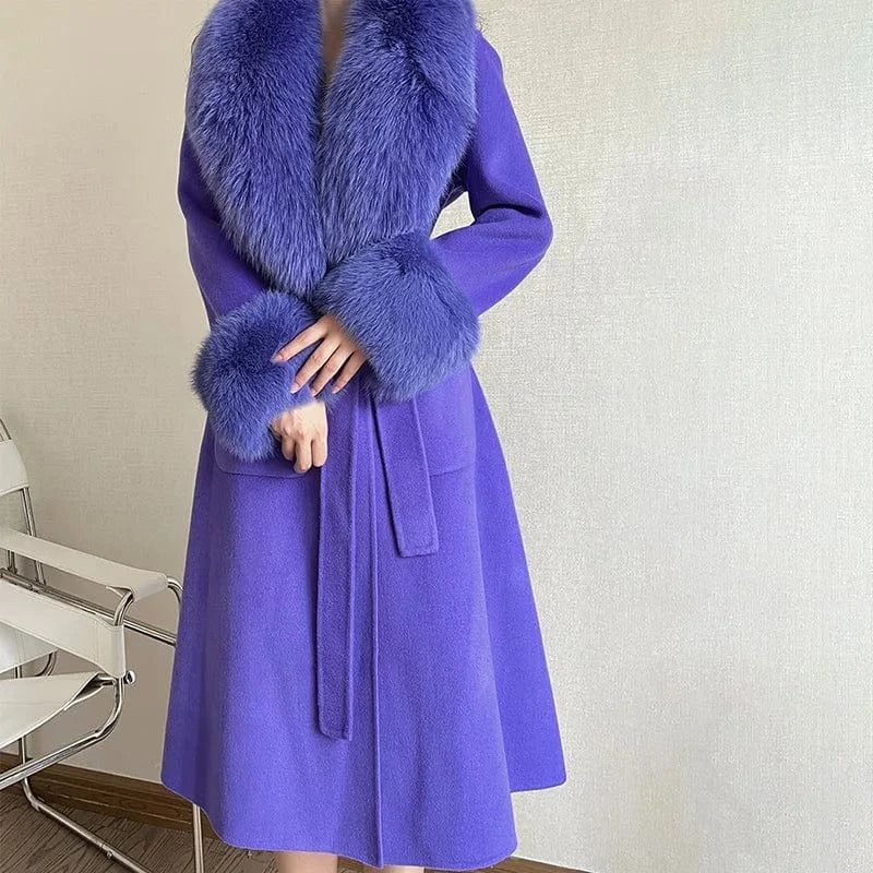 Detachable Fox Fur Collar Cuffs Cashmere Coat Women Elegant Long Wool Coat with Belt