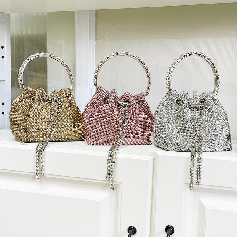 Diamonds Tassel Evening Clutch Bag Women Luxury Designer Chain Metal Ring Handle Shiny Crystal Bucket Purse Bridal Wedding Party