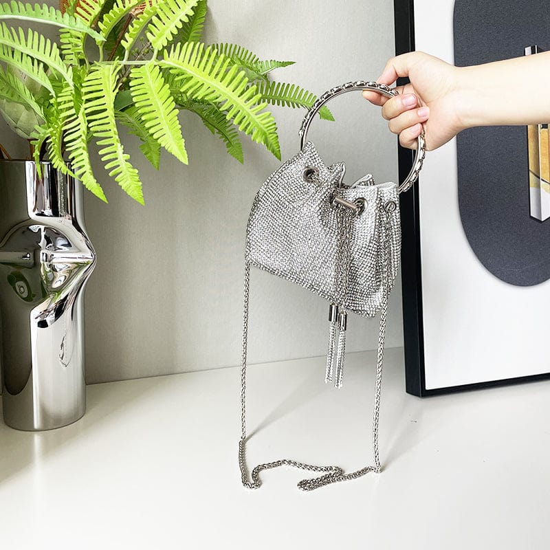 Diamonds Tassel Evening Clutch Bag Women Luxury Designer Chain Metal Ring Handle Shiny Crystal Bucket Purse Bridal Wedding Party