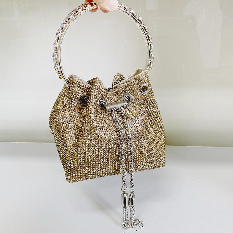 Diamonds Tassel Evening Clutch Bag Women Luxury Designer Chain Metal Ring Handle Shiny Crystal Bucket Purse Bridal Wedding Party