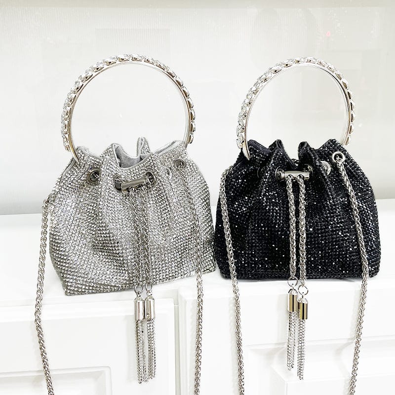 Diamonds Tassel Evening Clutch Bag Women Luxury Designer Chain Metal Ring Handle Shiny Crystal Bucket Purse Bridal Wedding Party