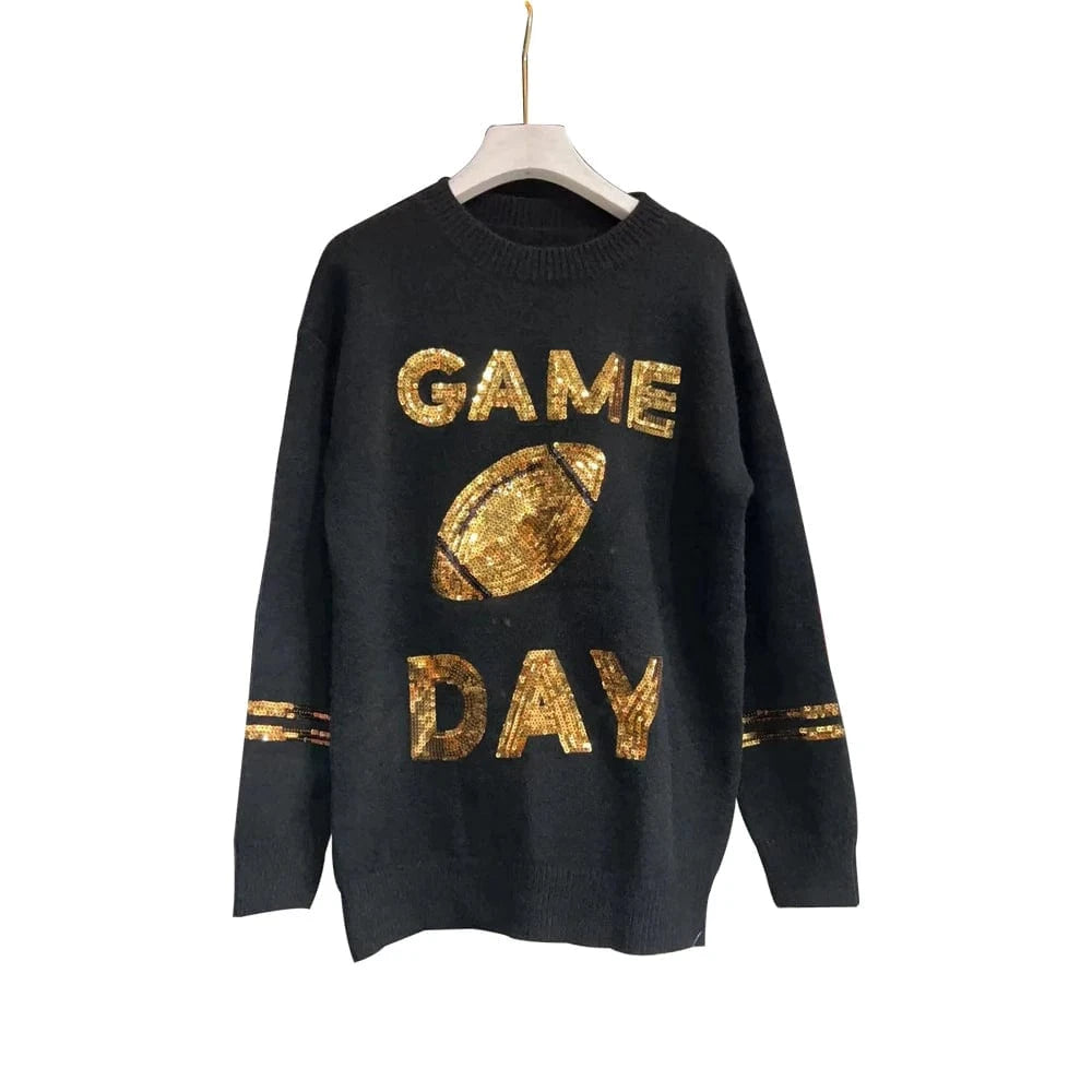Digital printing / one size / Black new casual plus size high quality jumper custom nfl game day designer oversized  women sequin embroidery pullover  sweater
