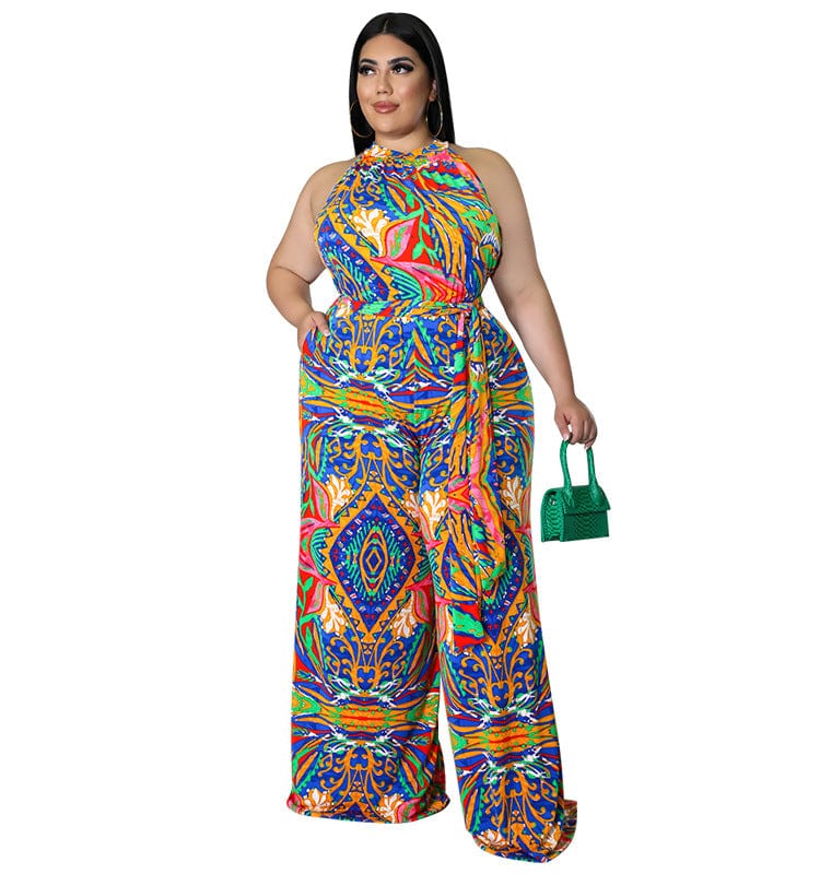 DM218137 2022 new arrival summer tie dye full length wide plus size women clothing one piece plus size jumpsuits