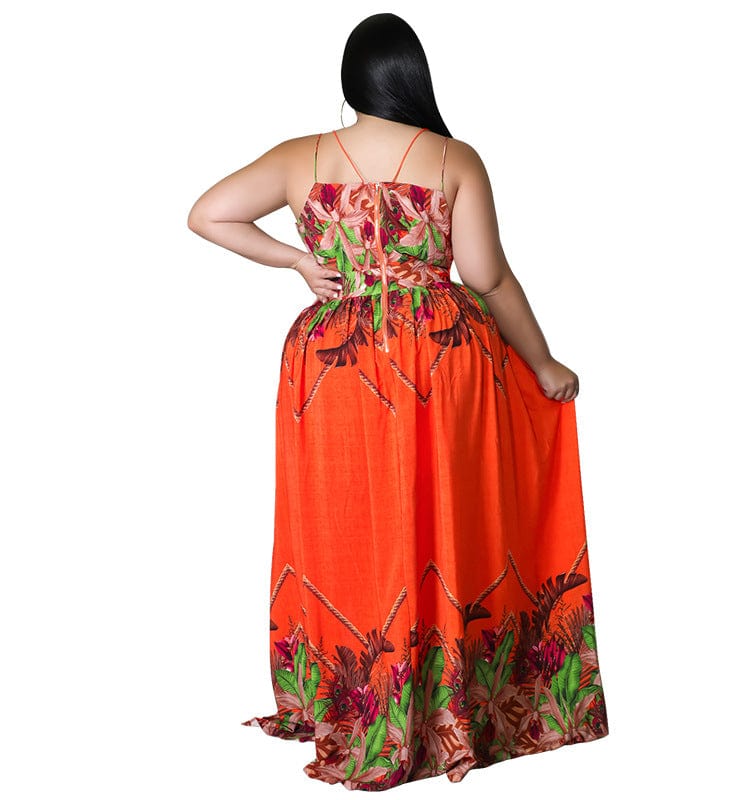 DM28163 2022 new arrival plus size flower printing v neck babydoll maxi standard suspender skirt sleeveless women dress