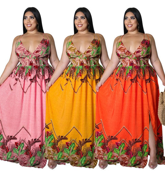 DM28163  2022 new arrival plus size flower printing v neck babydoll maxi standard suspender skirt sleeveless women dress