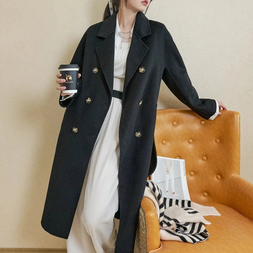 Double Breasted Cashmere Coat Elegant Belted Water Ripple Wool Coats Women