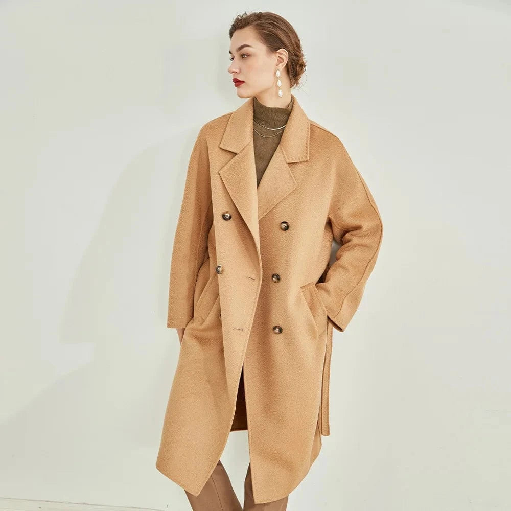 Double Breasted Cashmere Coat Elegant Belted Water Ripple Wool Coats Women